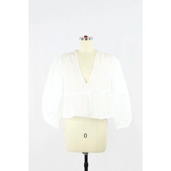 Aritzia SUNDAY BEST Jinx White Taffeta V-Neck Babydoll Peplum Blouse, Size M - Picture 1 of 13